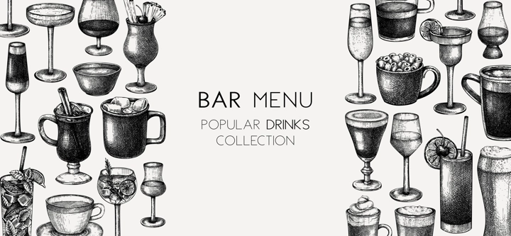 Hand-sketched drinks background. Vector banner with popular beverages in elegant glasses. Popular drinks vintage hand-drawings. Bar or restaurant menu template in sketched style.